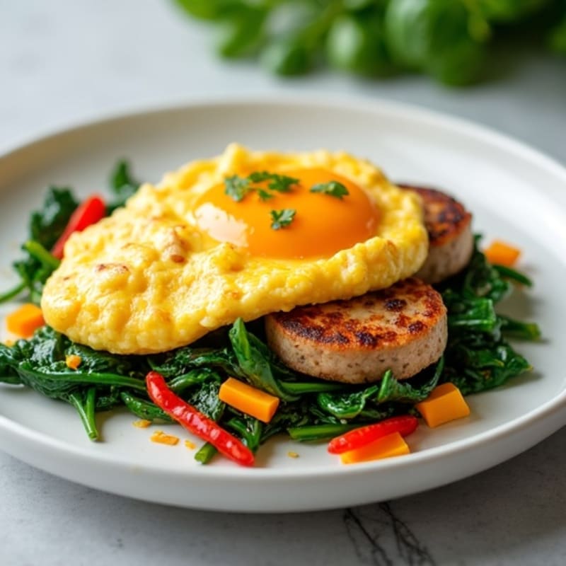 Egg White Scramble with Turkey Sausage and Sautéed Spinach