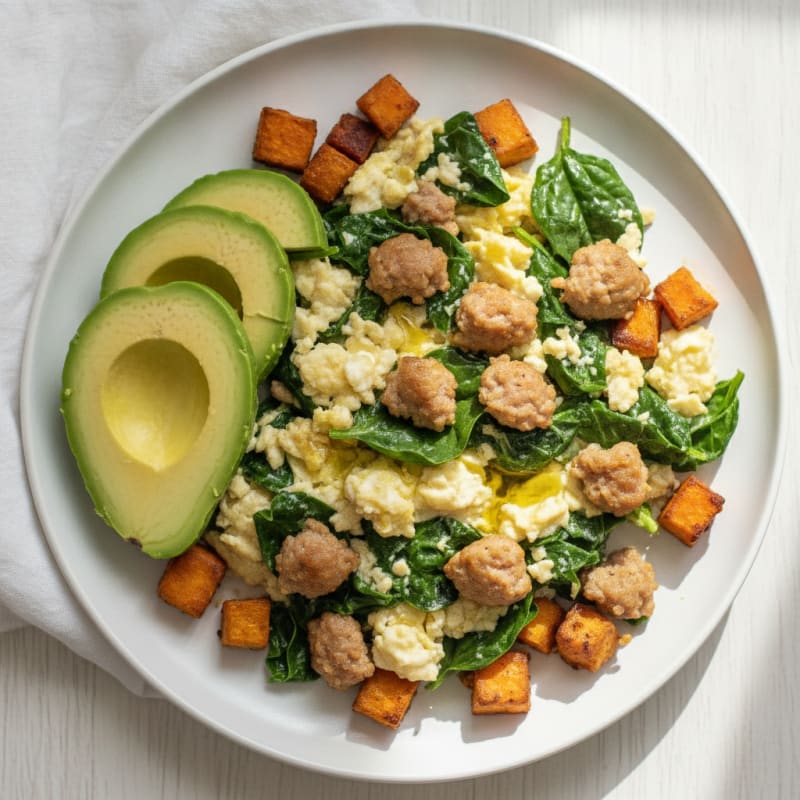 Egg White Spinach Scramble with Turkey Sausage