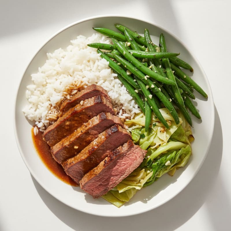 Slow Roasted Beef with Herb Green Beans and Steamed Rice