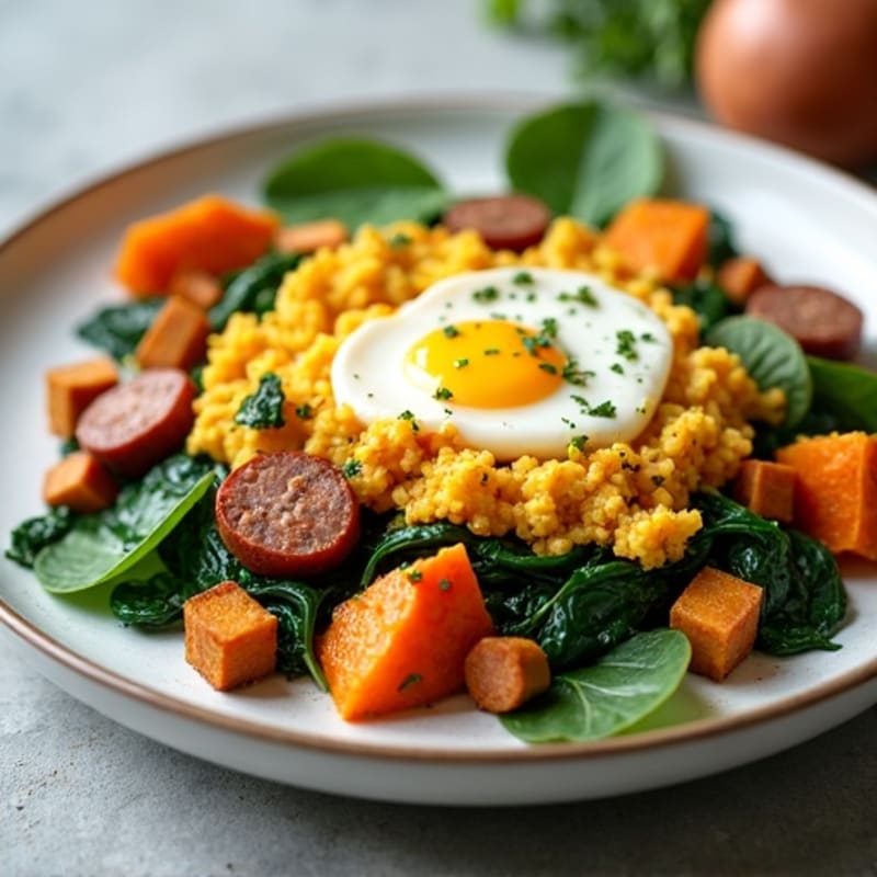 Egg White and Turkey Sausage Scramble with Spinach and Roasted Sweet Potato