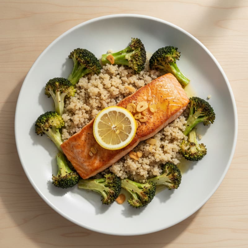 Seared Salmon Fillet with Roasted Broccoli and Quinoa