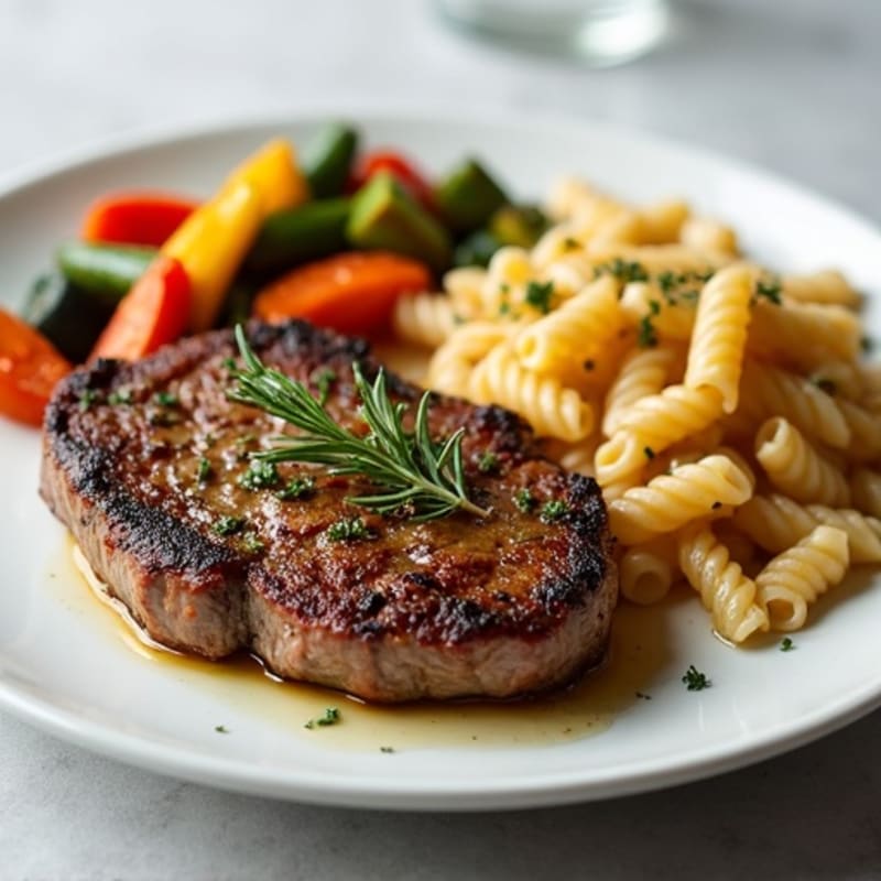 Garlic Herb Seared Steak with Roasted Vegetables and Whole Wheat Pasta