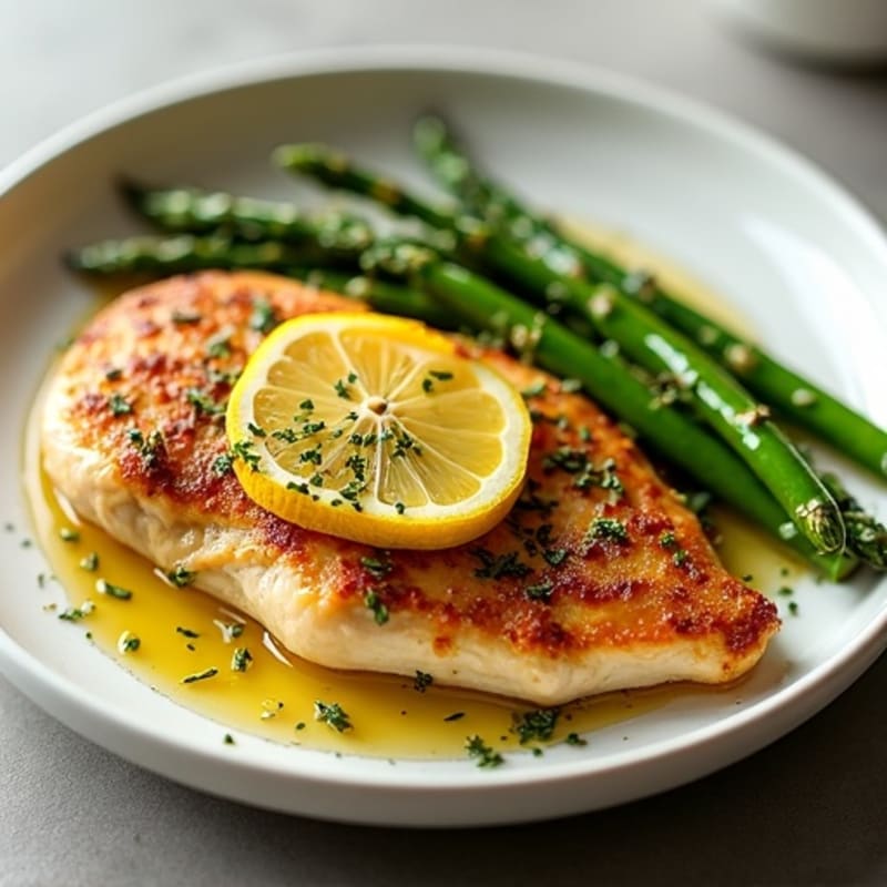 Crispy Pan-Seared Lemon-Herb Chicken with Roasted Asparagus