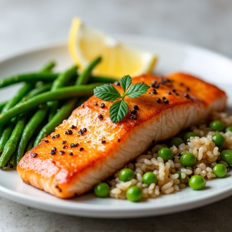 Seared Salmon Fillet with Garlic Green Beans and Brown Rice
