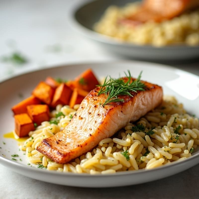 Flaky Roasted Salmon with Creamy Lemon Herb Orzo and Roasted Sweet Potato