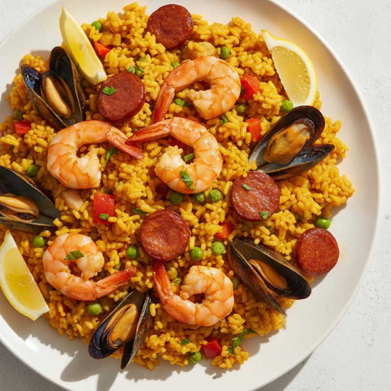 Saffron Seafood Paella with Chorizo