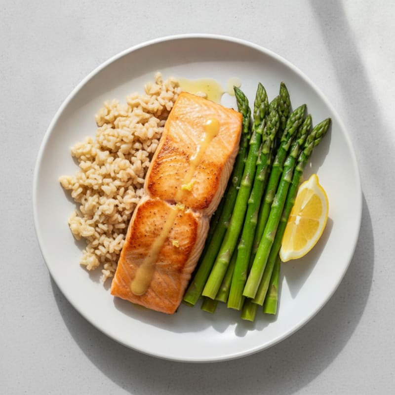 Seared Salmon with Steamed Asparagus and Brown Rice