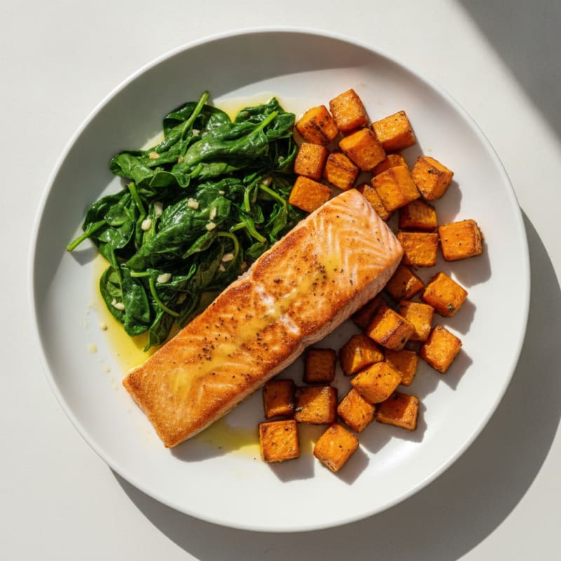 Seared Salmon with Garlic Spinach and Roasted Sweet Potato