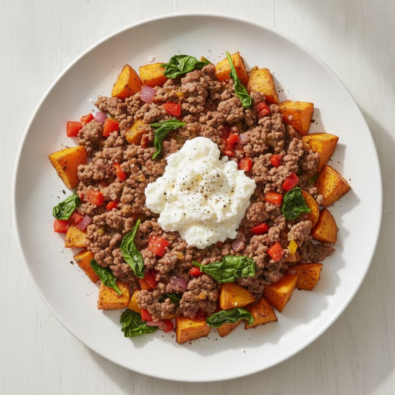 Ground Beef Skillet with Roasted Sweet Potatoes