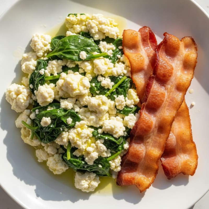 Cottage Cheese Egg Scramble with Spinach and Turkey Bacon