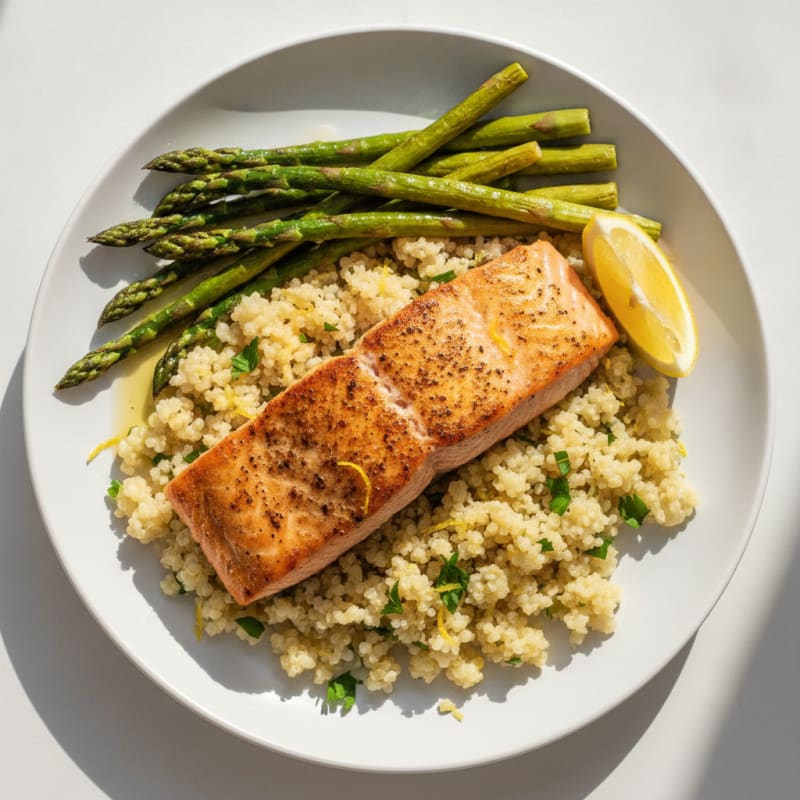 Seared Salmon Fillet with Lemon-Garlic Quinoa and Asparagus