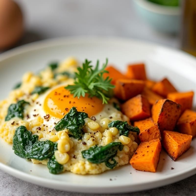 Egg White and Turkey Spinach Scramble with Roasted Sweet Potatoes