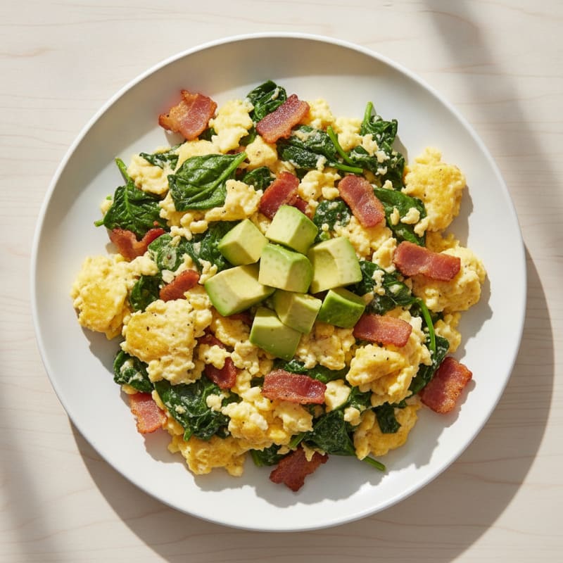 Crispy Turkey Bacon and Spinach Egg Scramble with Avocado