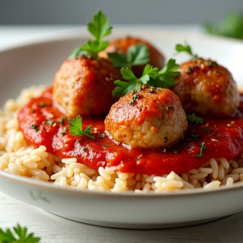 Lean Turkey Meatballs with Savory Tomato Sauce and Fluffy Brown Rice