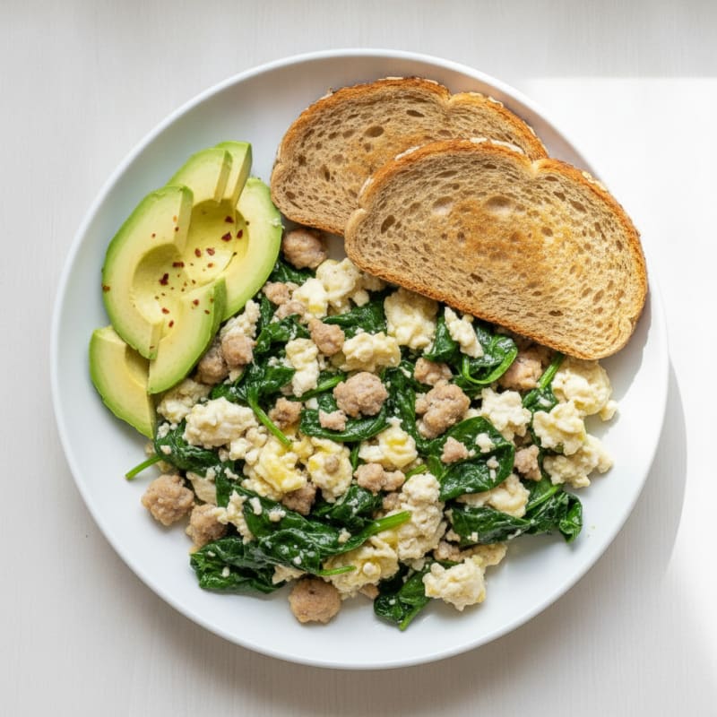 Egg White and Turkey Sausage Scramble with Sautéed Spinach