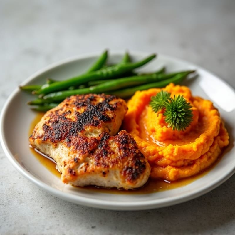 Seared Chicken Thighs with Garlic Green Beans and Sweet Potato Mash