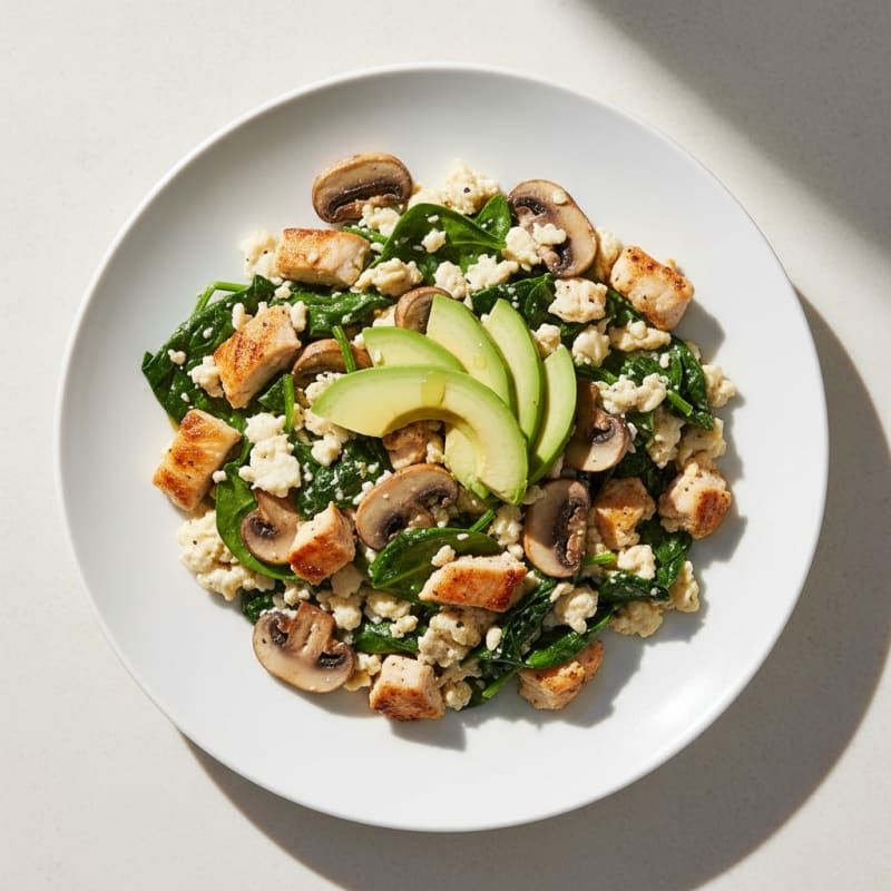 Chicken and Spinach Egg White Scramble with Sautéed Mushrooms