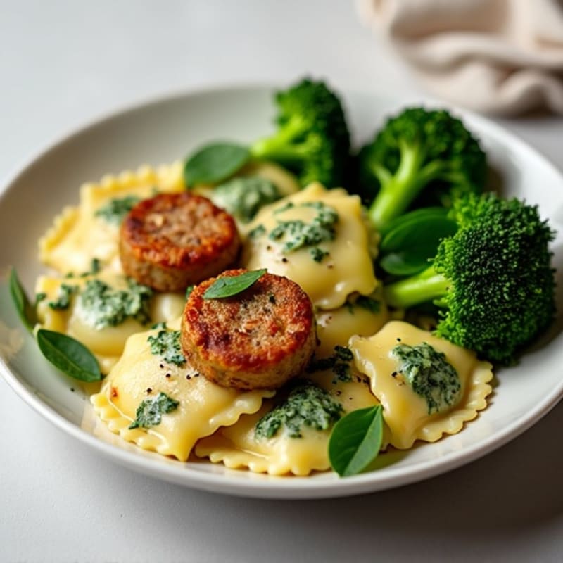 Spinach Ravioli with Crispy Chicken Sausage and Roasted Broccoli