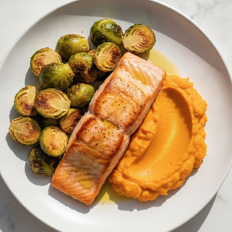 Seared Salmon with Roasted Brussels Sprouts and Sweet Potato Mash