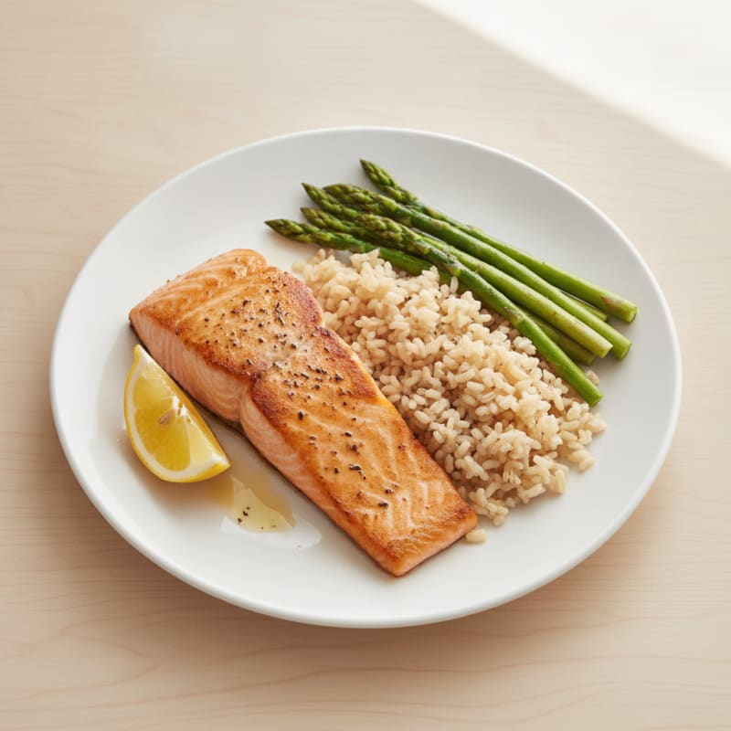 Seared Salmon with Steamed Asparagus and Brown Rice