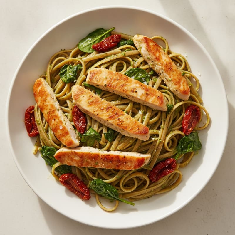 Pesto Chicken Linguine with Sun-Dried Tomatoes