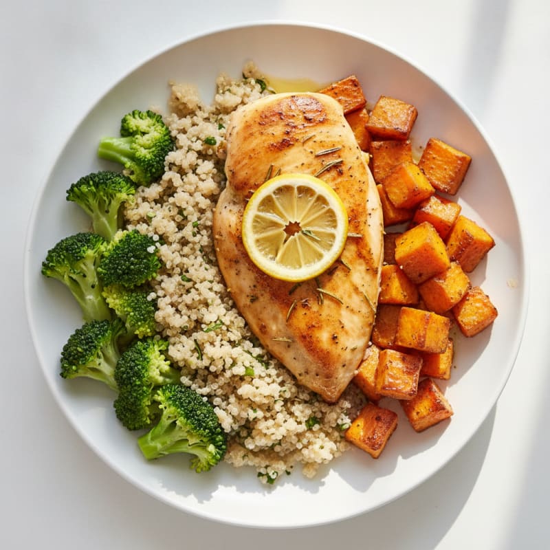 Herb-Roasted Chicken Breast with Steamed Broccoli and Quinoa