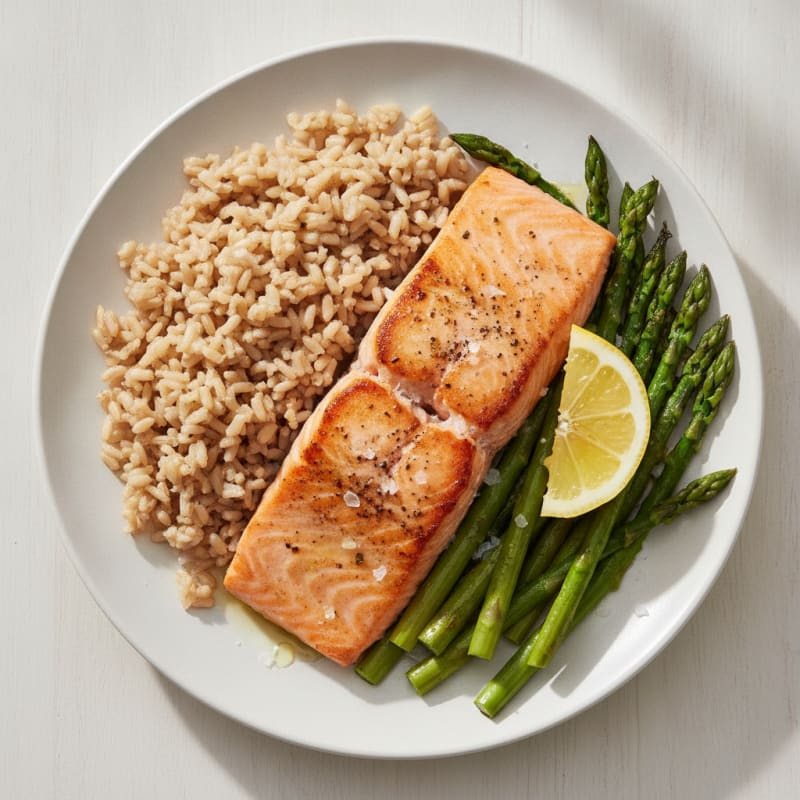 Seared Salmon with Steamed Asparagus and Brown Rice