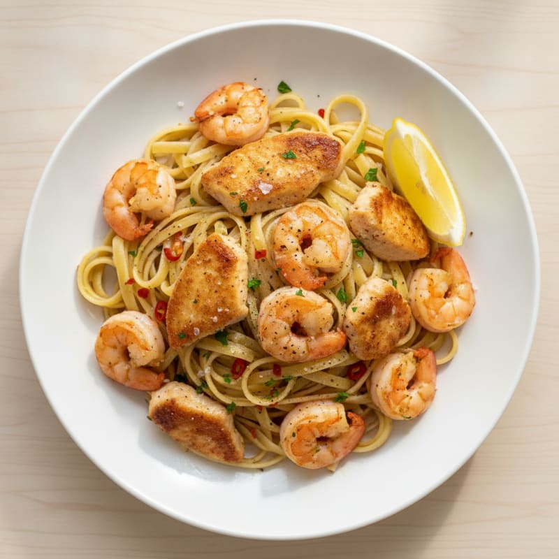 Garlic Chicken and Prawn Linguine