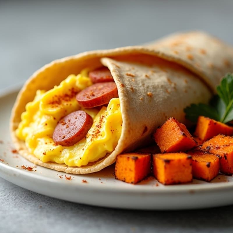 Lean Turkey Sausage and Scrambled Egg Breakfast Burrito with Crispy Sweet Potatoes