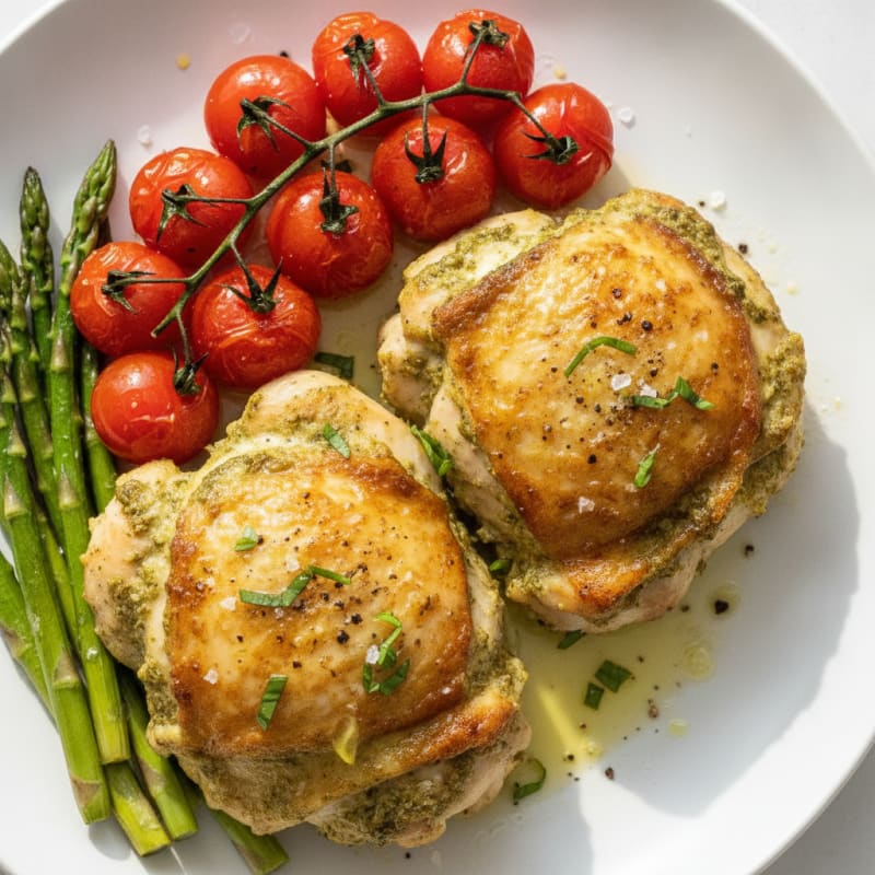 Pesto Chicken Thighs with Roasted Tomatoes