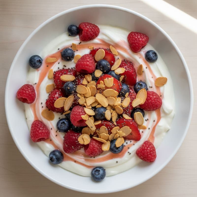Greek Yogurt Protein Parfait with Mixed Berries and Almonds