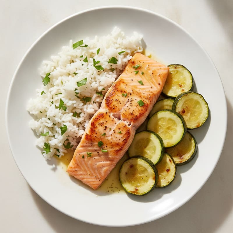 Seared Salmon with Herb Rice and Roasted Zucchini