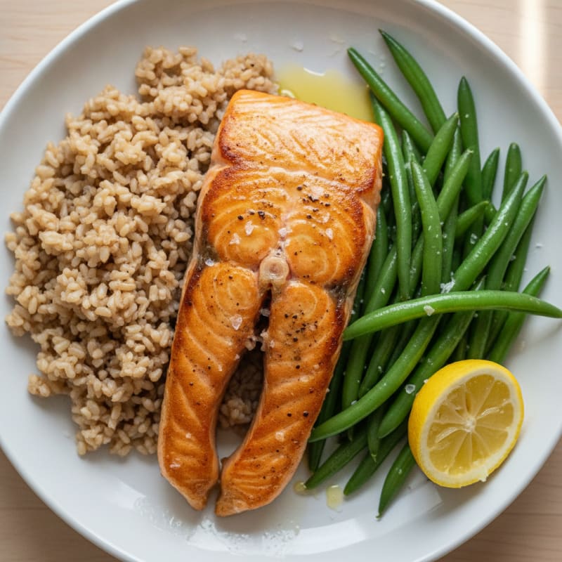 Seared Salmon Fillet with Steamed Green Beans and Brown Rice
