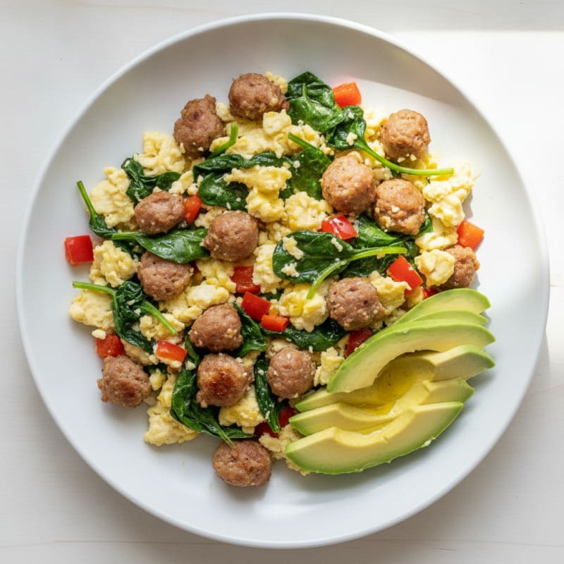 Egg White Scramble with Turkey Sausage and Sautéed Spinach