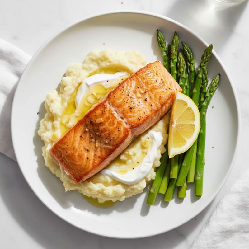 Seared Salmon with Steamed Asparagus and Garlic Mashed Cauliflower