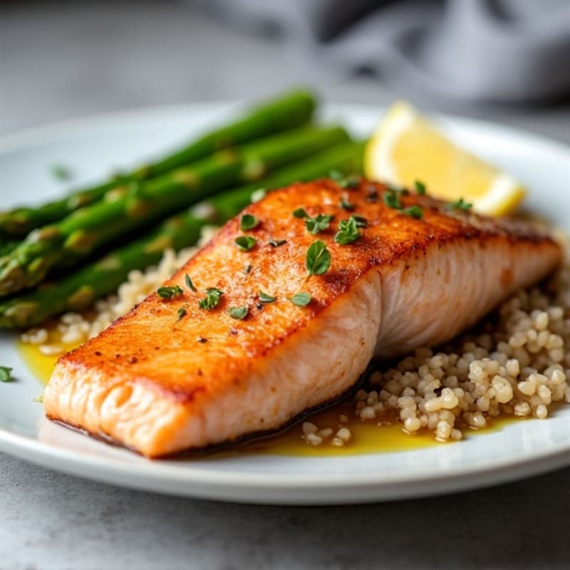 Seared Salmon Fillet with Steamed Asparagus and Brown Rice