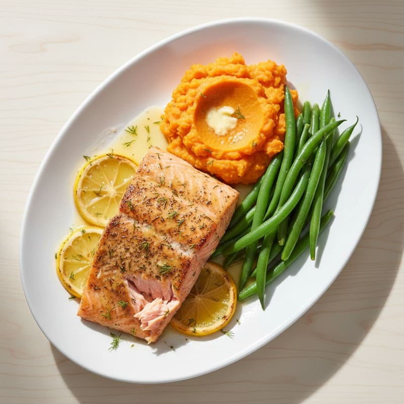 Baked Salmon with Steamed Green Beans and Sweet Potato Mash