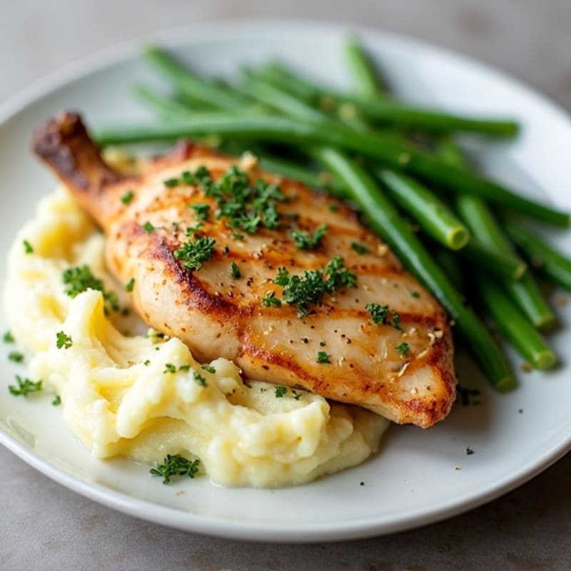 Garlic Herb Roasted Chicken with Creamy Garlic Mashed Potatoes and Crispy Green Beans