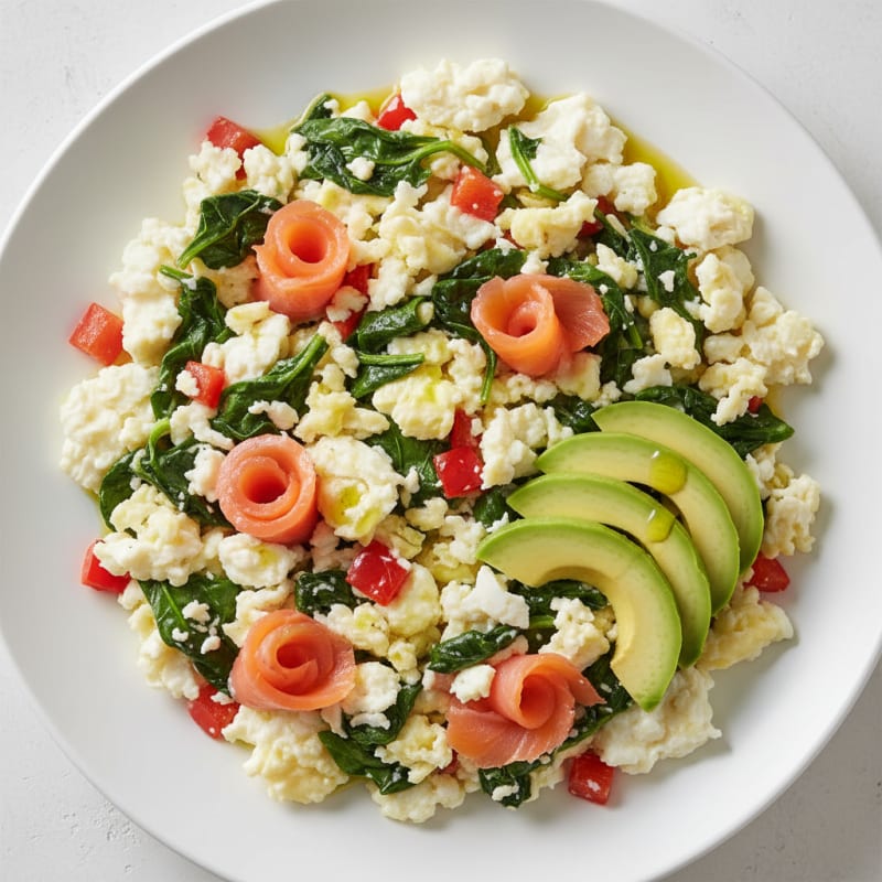 Egg White Veggie Scramble with Sautéed Spinach and Smoked Salmon