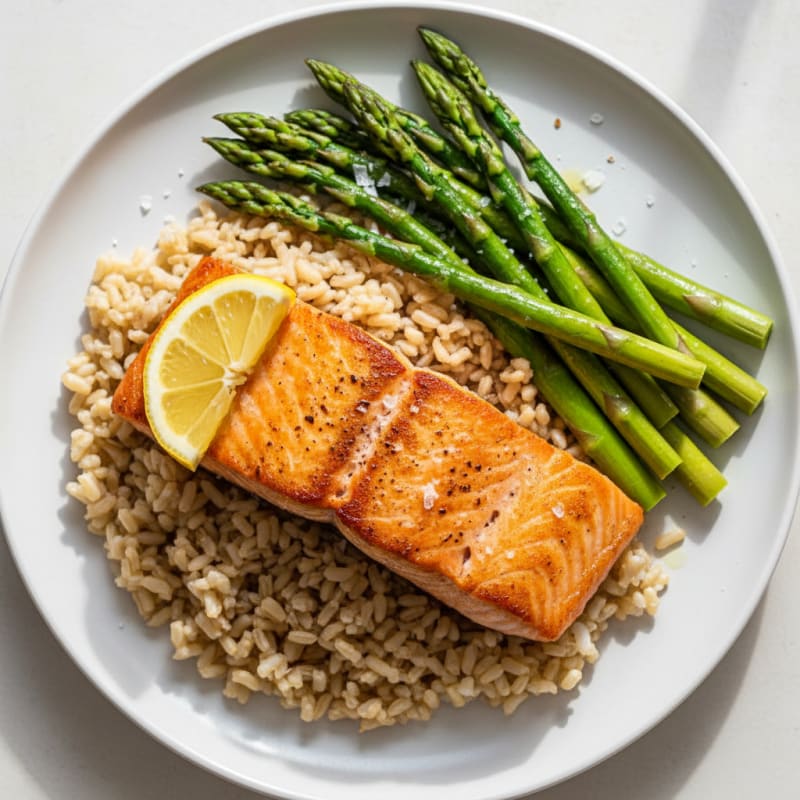 Seared Salmon with Steamed Asparagus and Brown Rice