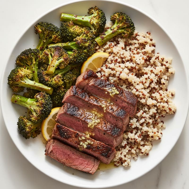 Seared Lean Beef with Roasted Broccoli and Quinoa
