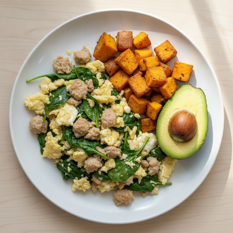 Egg White Scramble with Turkey Sausage and Spinach