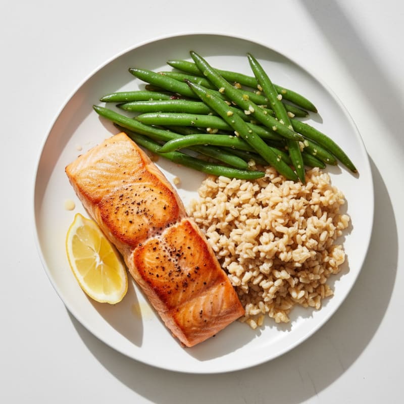Seared Salmon with Garlic Green Beans and Brown Rice