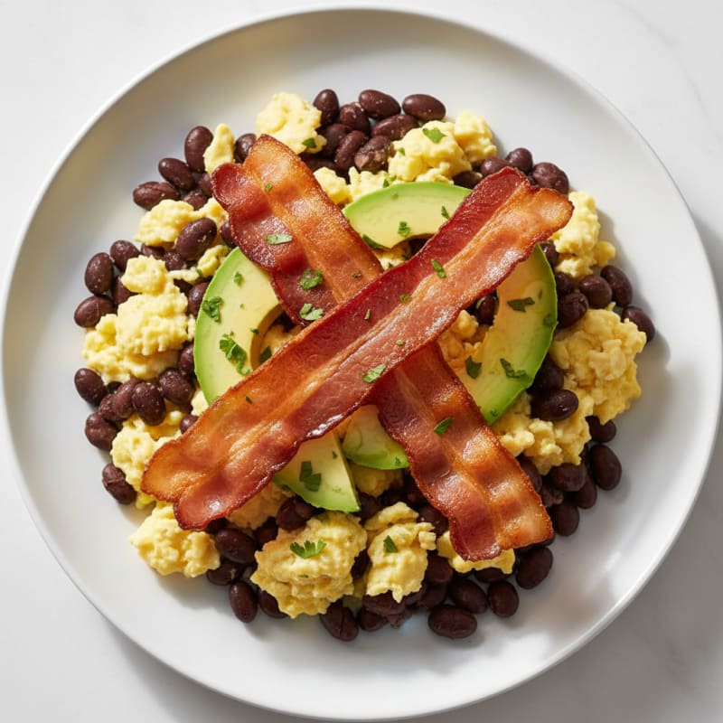 Scrambled Eggs with Black Beans and Crispy Bacon