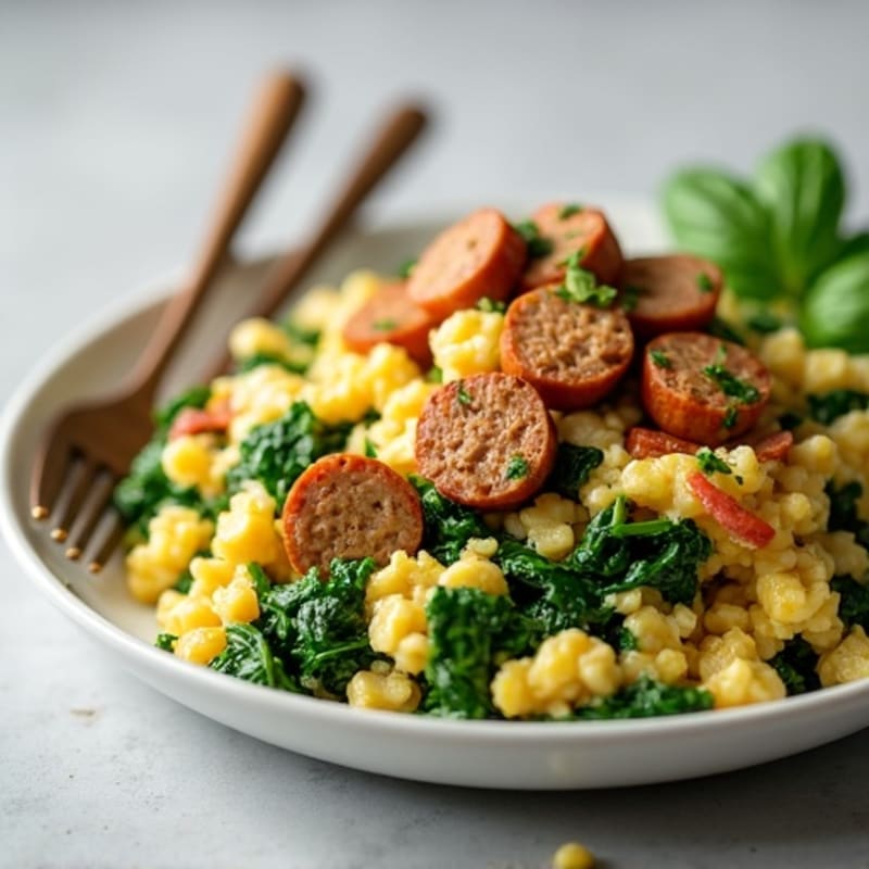 Egg White and Turkey Sausage Scramble with Sautéed Spinach