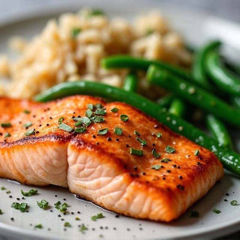 Seared Salmon with Garlic Green Beans and Brown Rice