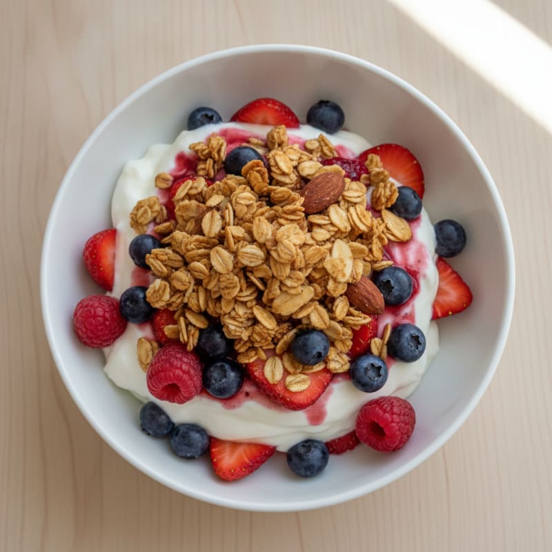 Greek Yogurt Parfait with Mixed Berries and Crunchy Almond Granola