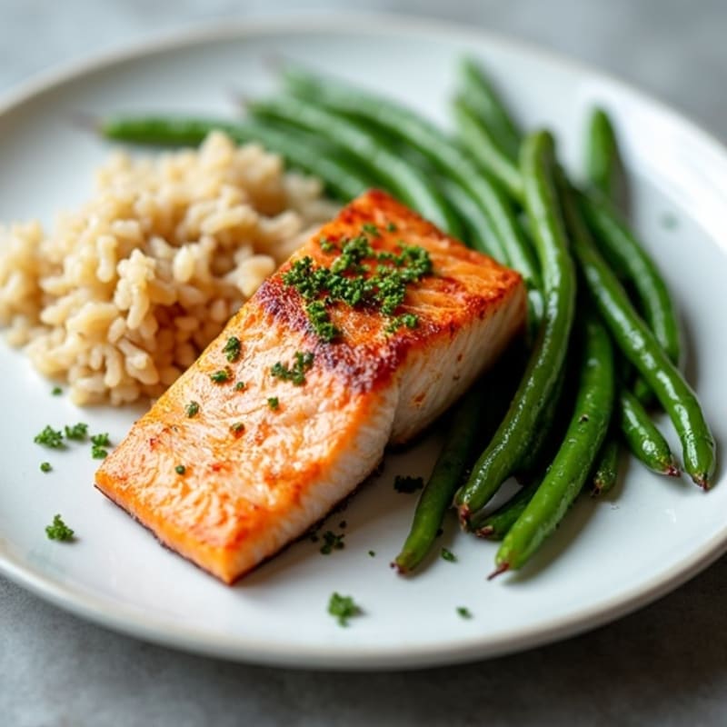 Seared Salmon with Garlic Green Beans and Brown Rice
