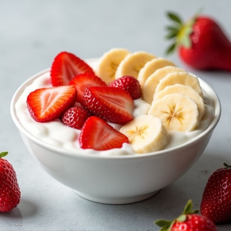 Greek Yogurt Bowl with Sliced Bananas and Strawberries