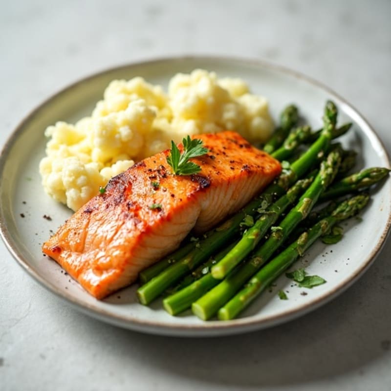 Seared Salmon Fillet with Steamed Asparagus and Garlic Mashed Cauliflower